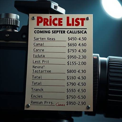 A stylized image of a price list and camera gear
