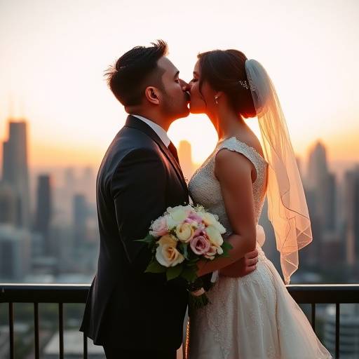 Romantic wedding photo of a couple kissing in front of the Chicago skyline.