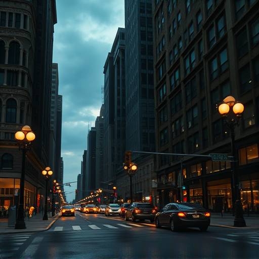Street photography scene in downtown Chicago at dusk