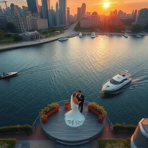 Stunning aerial view of a wedding ceremony at a lakeside venue in Chicago.